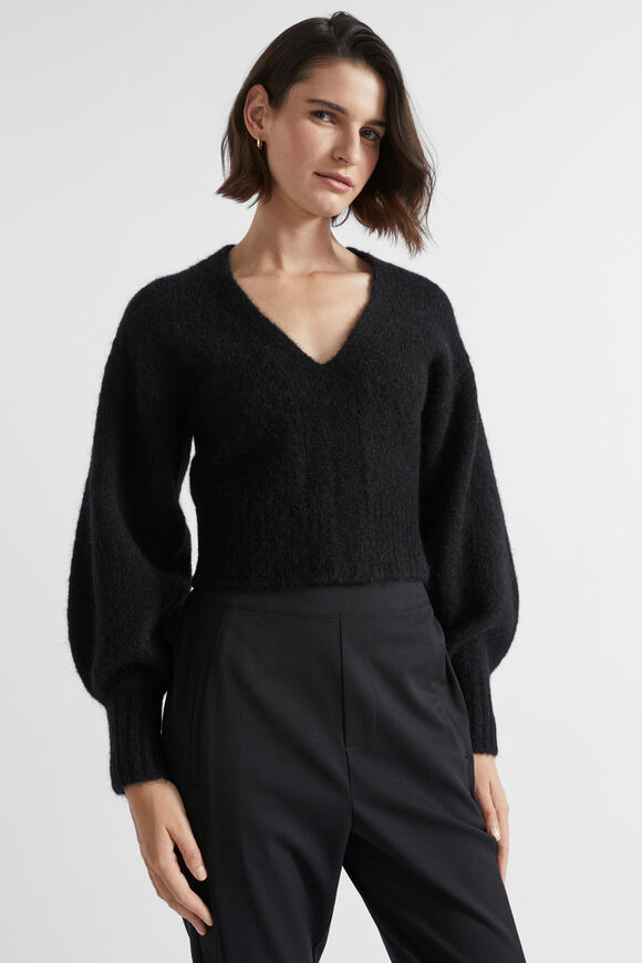 Wool Blend V Neck Knit  Black  hi-res