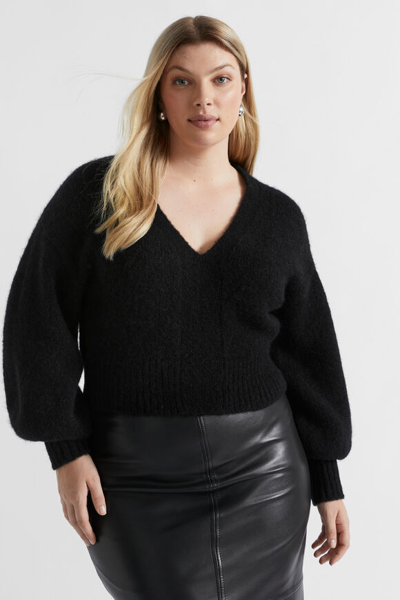 Wool Blend V Neck Knit  Black  hi-res