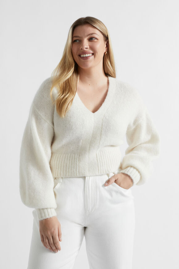 Wool Blend V Neck Knit  Cloud Cream  hi-res