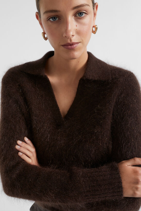 Mohair Crop Polo Knit  Dark Espresso Marle  hi-res