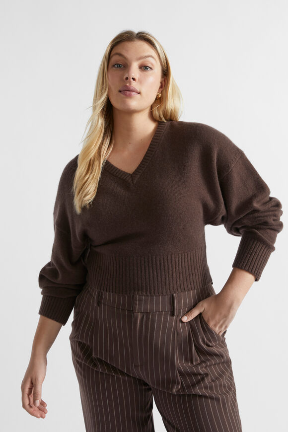 Merino V Neck Crop Knit  Dark Espresso Marle  hi-res