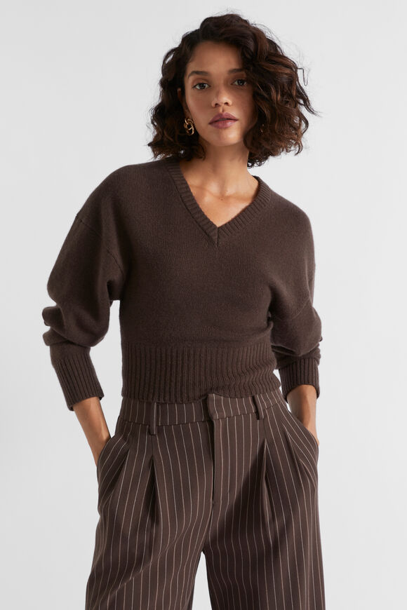 Merino V Neck Crop Knit  Dark Espresso Marle  hi-res
