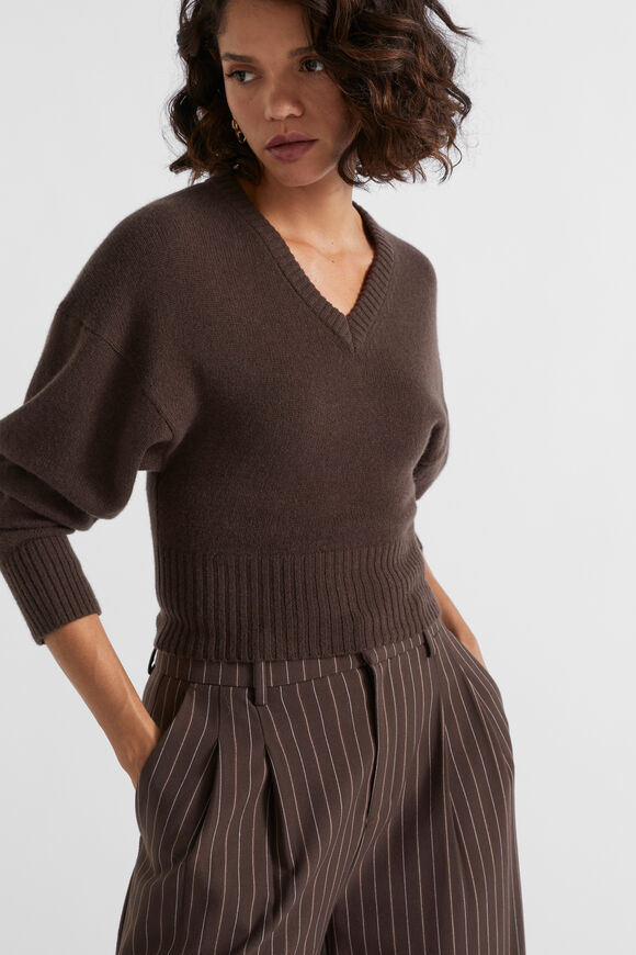 Merino V Neck Crop Knit  Dark Espresso Marle  hi-res