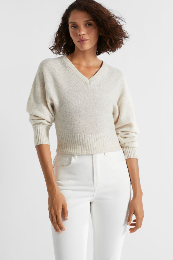 Merino V Neck Crop Knit  Oat Marle  hi-res