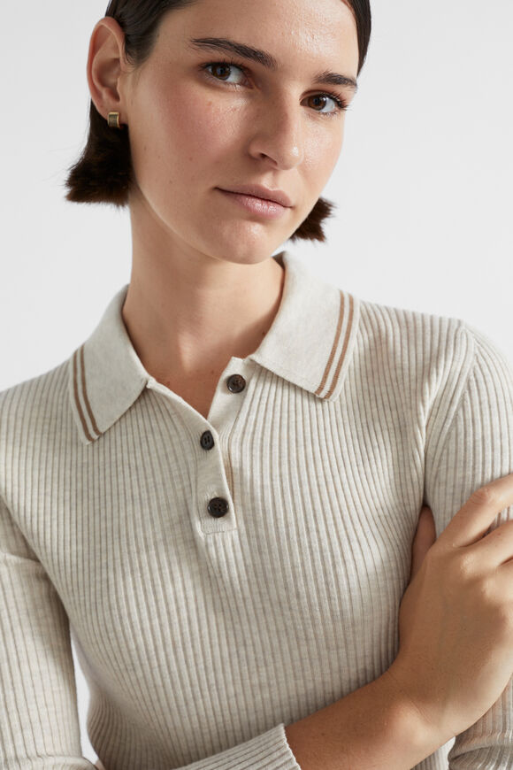 Contrast Tipping Polo Knit  Oat Marle  hi-res
