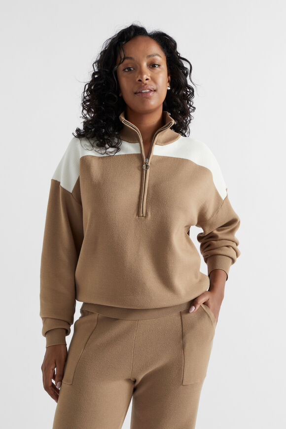 Double Knit Contrast Sweater  Deep Chai  hi-res