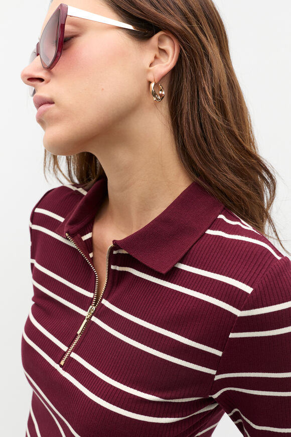 Variegated Rib Polo Top  Plum Red Stripe  hi-res