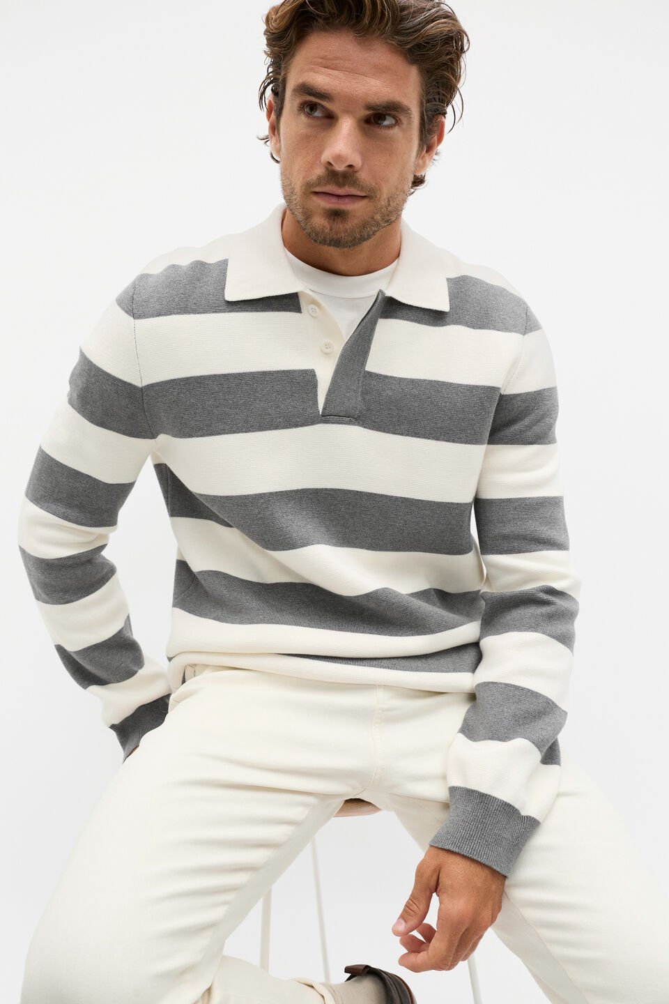 Rugby Polo Knit  Vintage Grey Marle Stripe