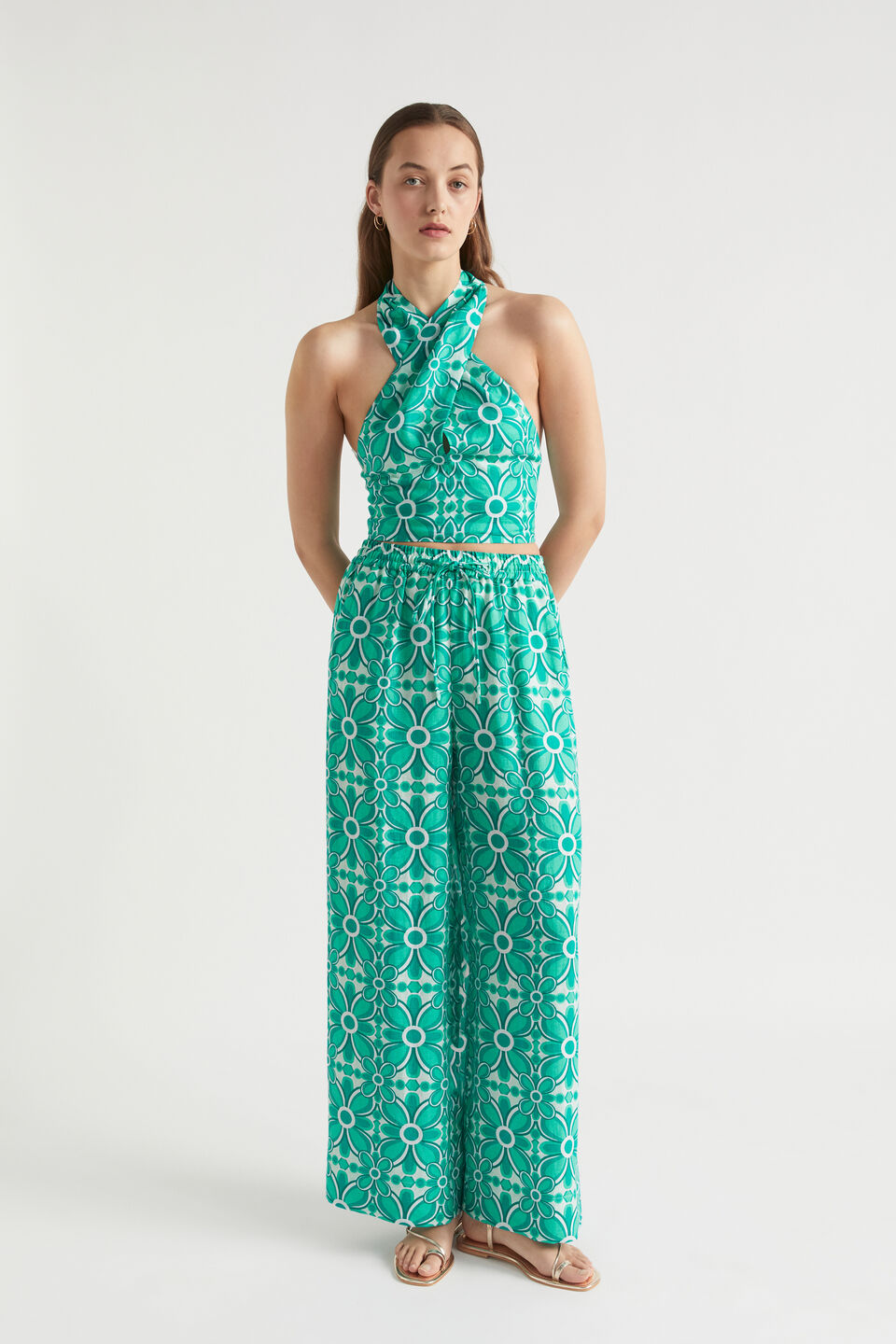Linen Retro Halter Top  Jade Green Retro