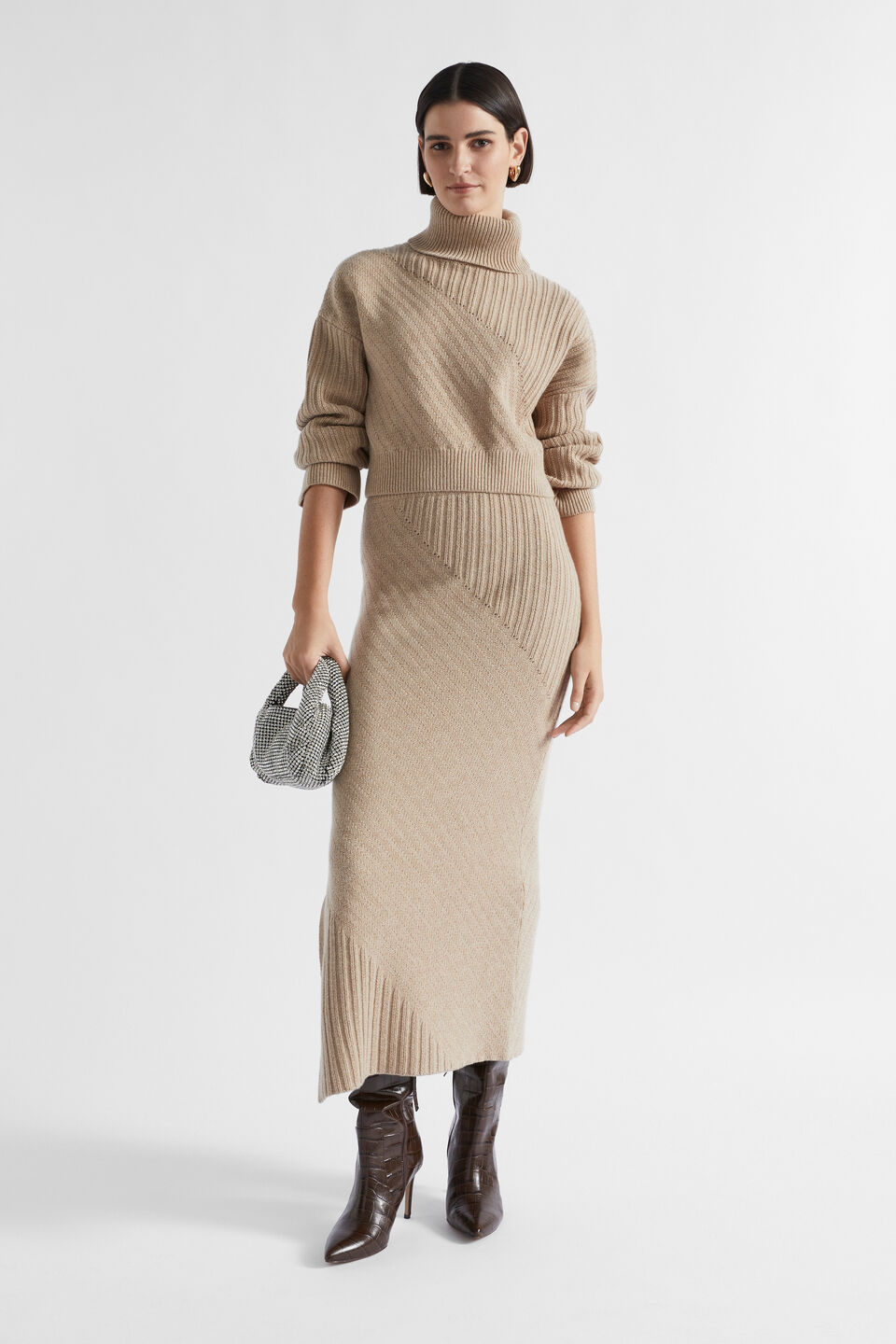 Diagonal Rib Skirt  Champagne Beige Marle