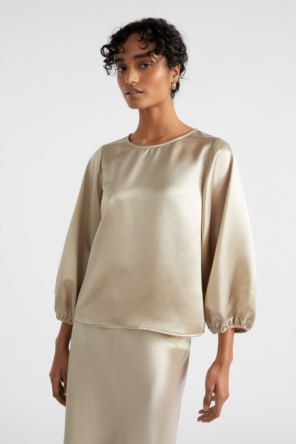 Satin Balloon Sleeve Top  Cool Sand