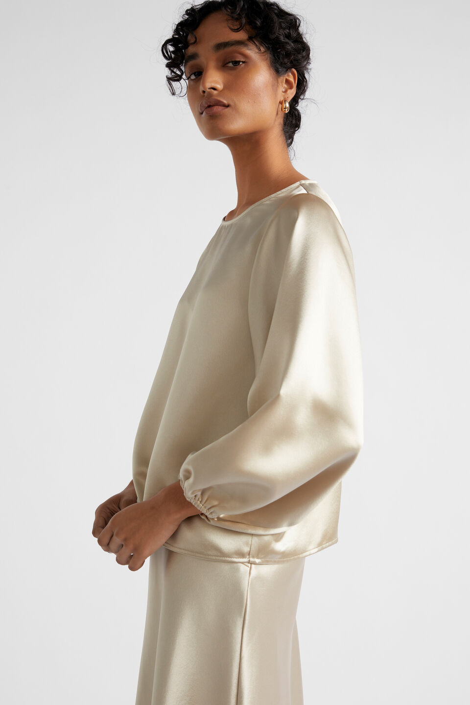 Satin Balloon Sleeve Top  Cool Sand