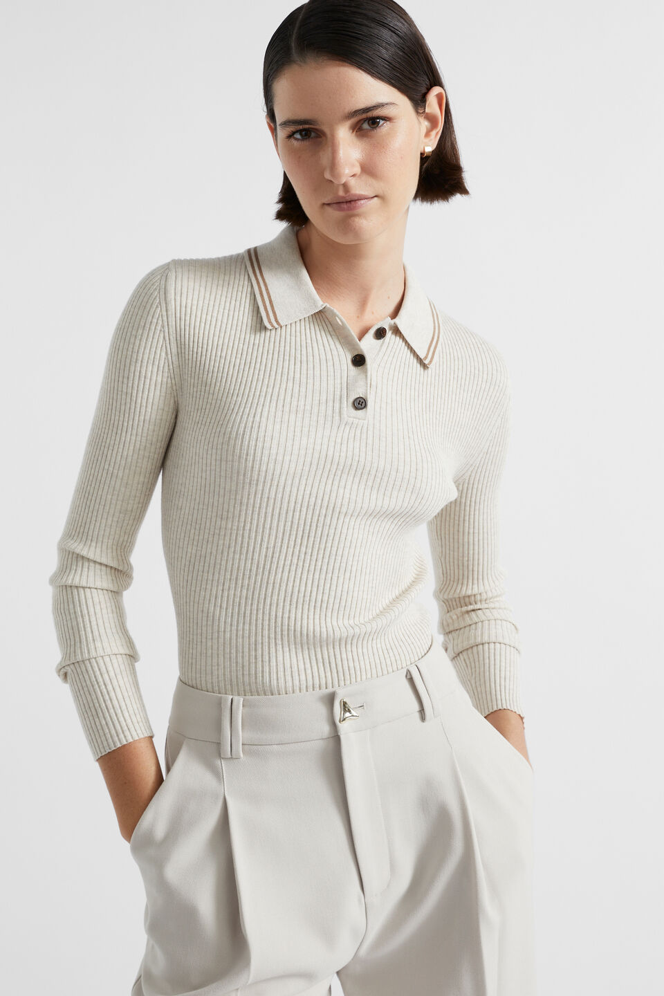 Contrast Tipping Polo Knit  Oat Marle