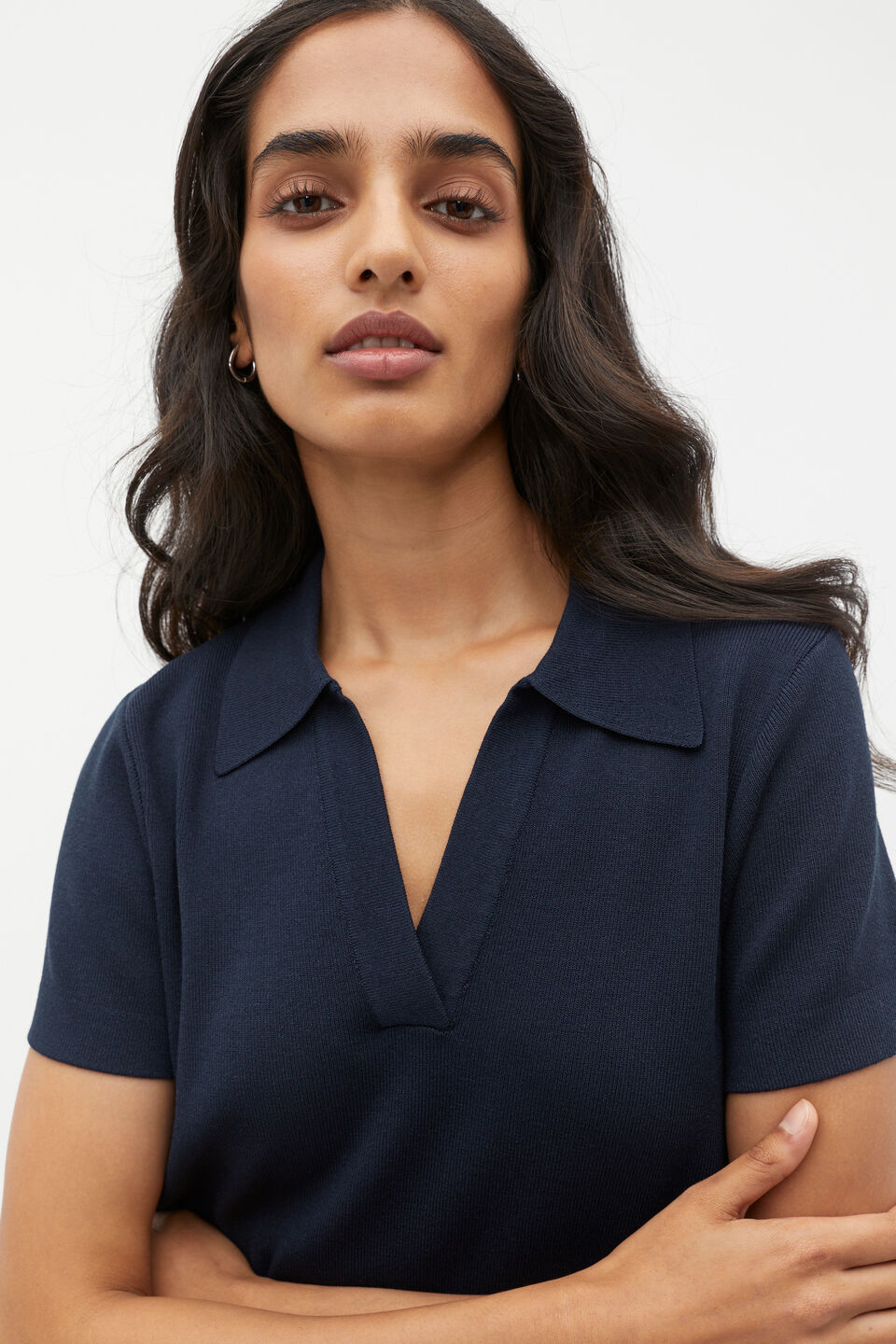 Crepe Knit Collared Mini Dress  Midnight Sky
