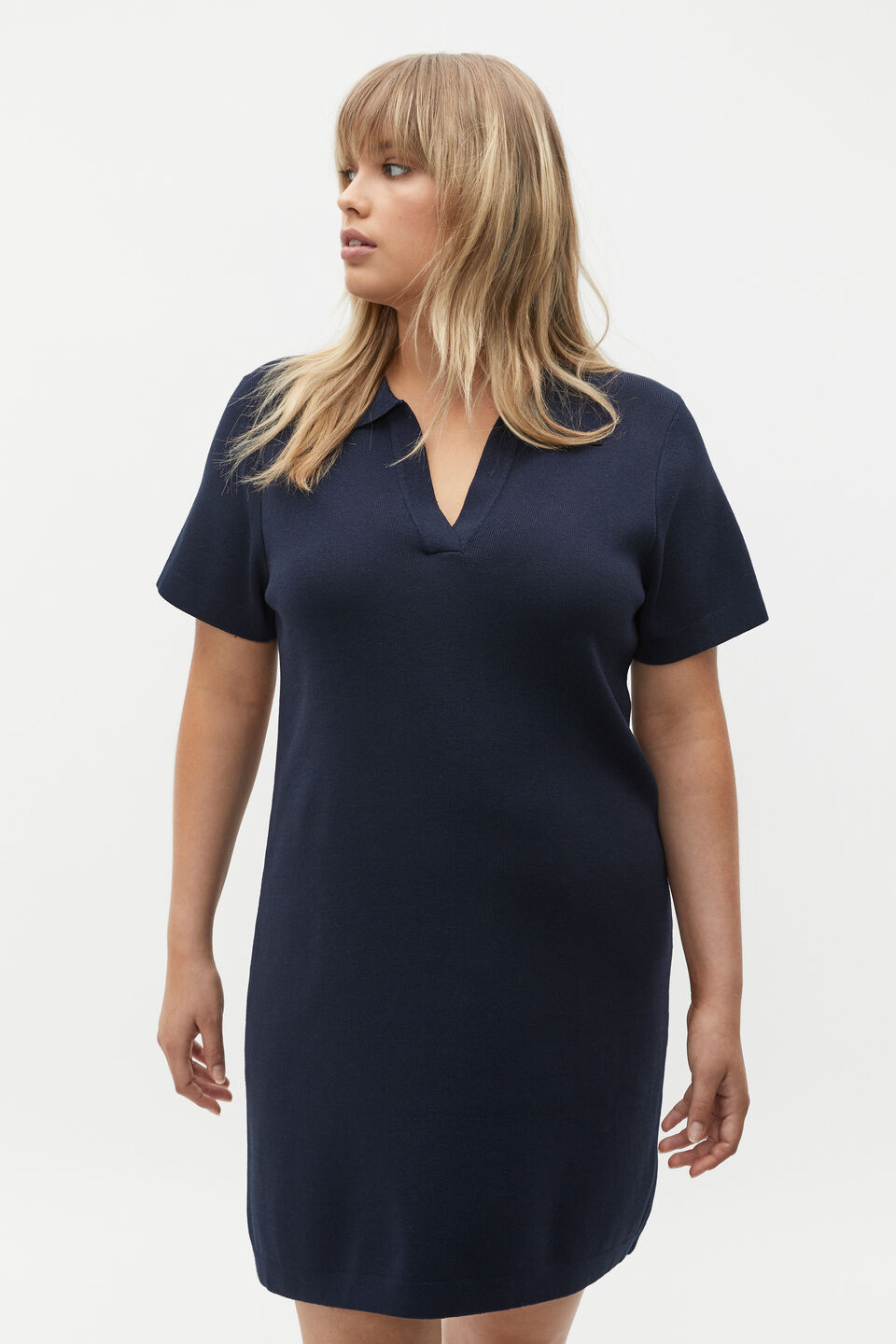 Crepe Knit Collared Mini Dress  Midnight Sky