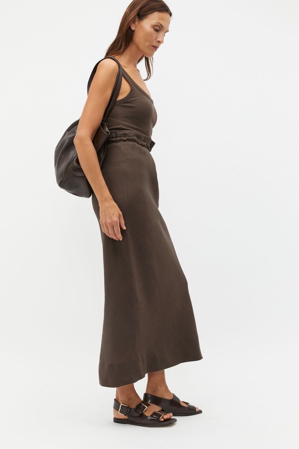 Linen Tie Column Skirt  Dark Espresso