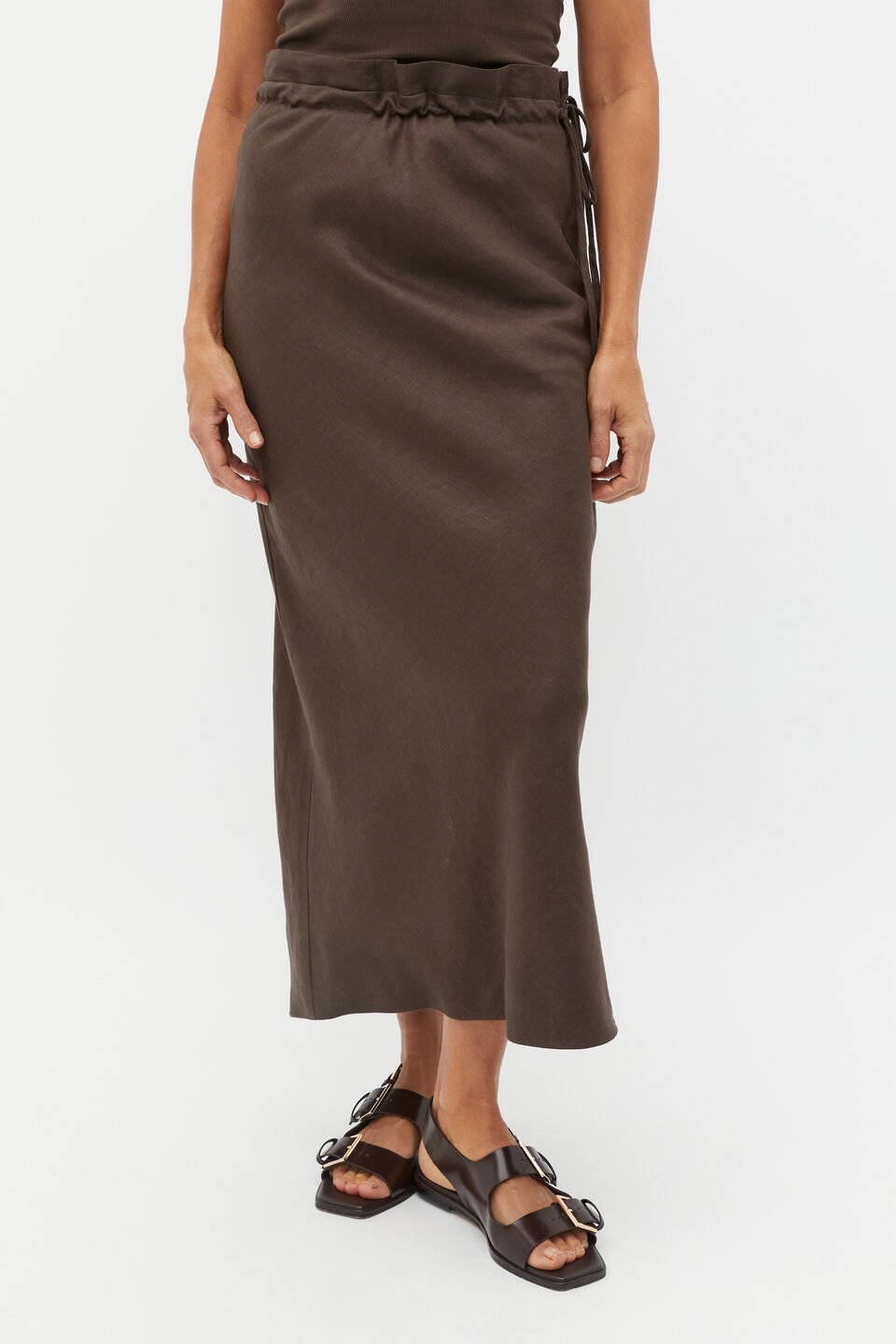 Linen Tie Column Skirt  Dark Espresso