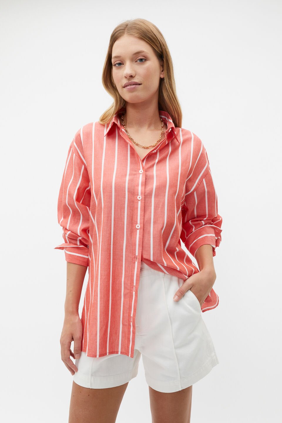 Voile Oversized Stripe Shirt  Strawberry Red Stripe