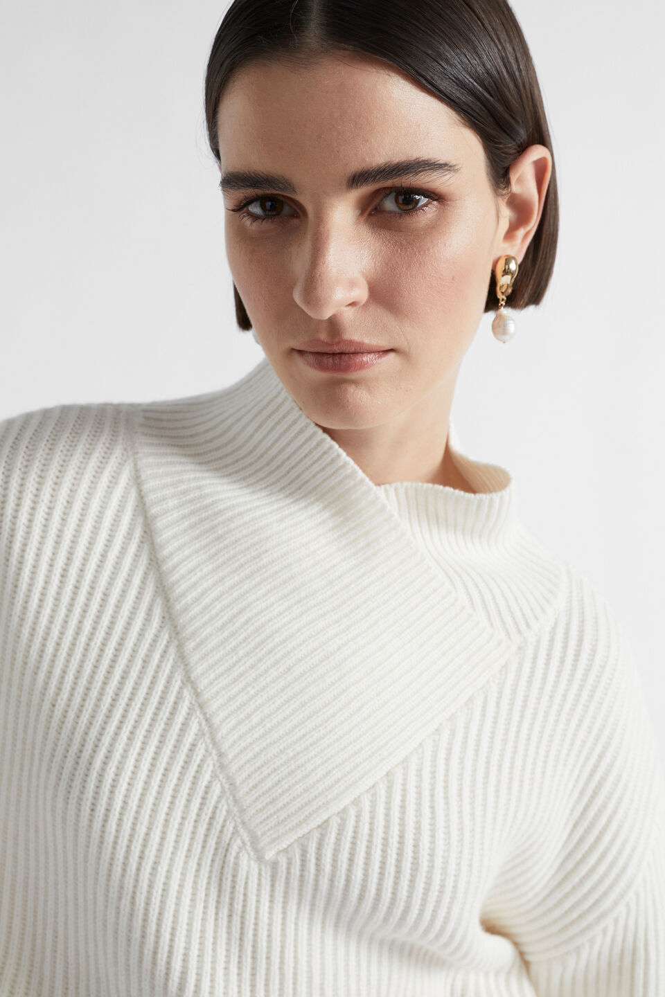 Wool Blend Wrap Neck Knit  Cloud Cream