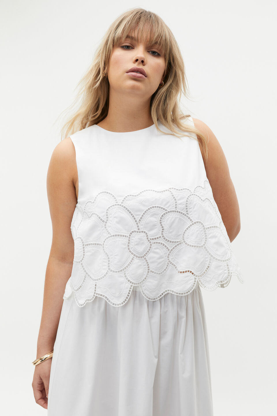 Lace Broderie Shell Top  Whisper White