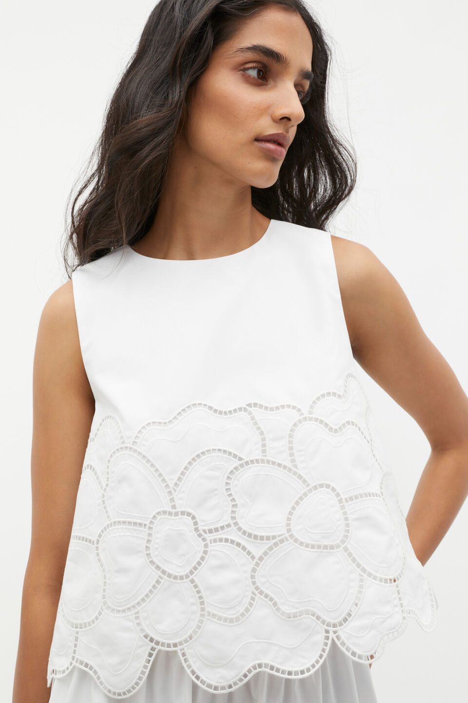 Lace Broderie Shell Top  Whisper White