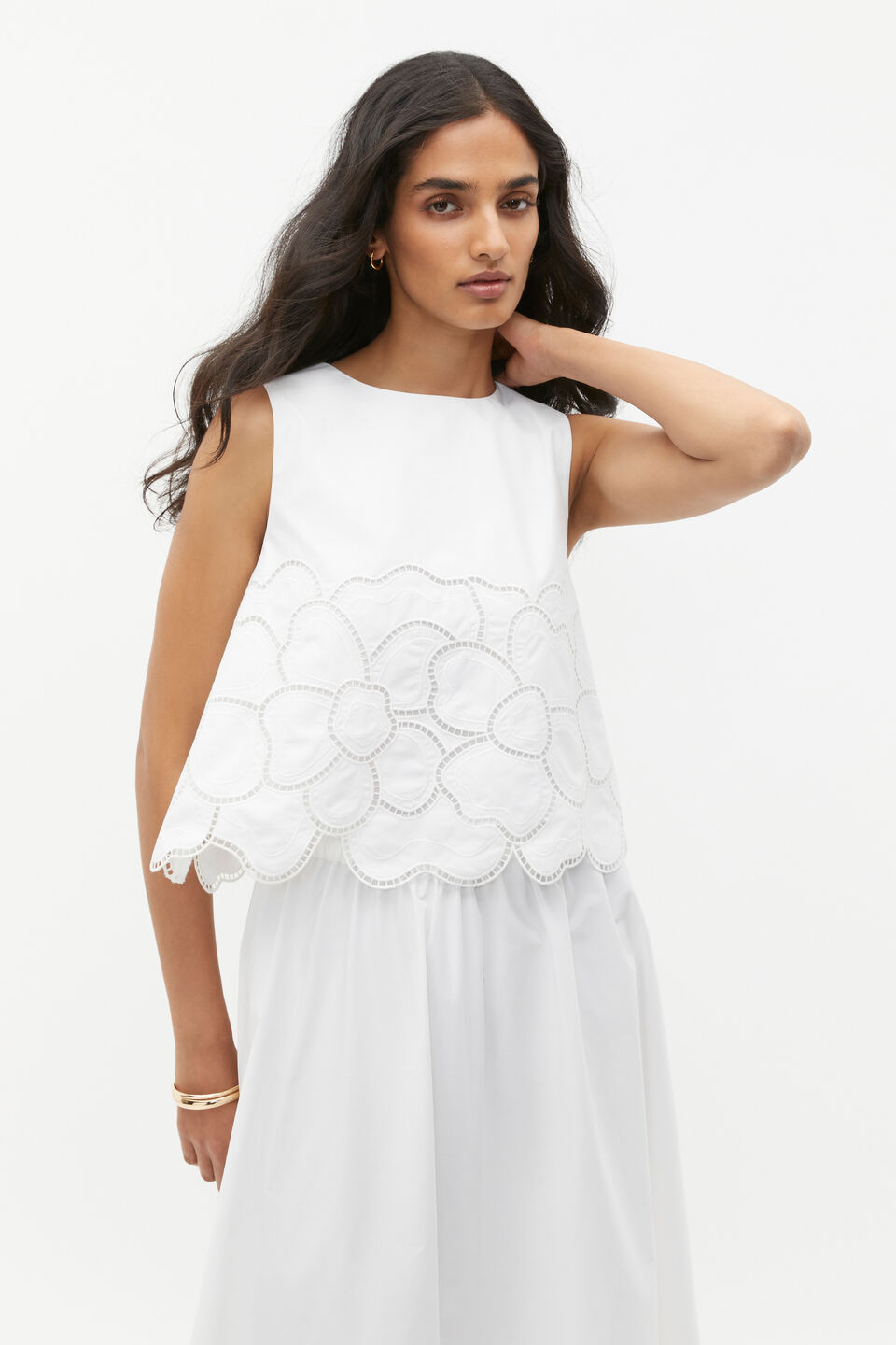 Lace Broderie Shell Top  Whisper White