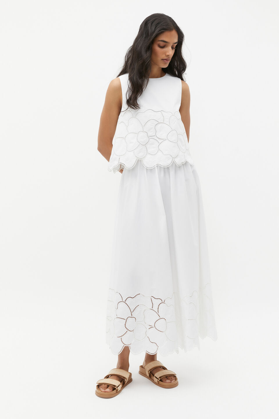 Lace Broderie Shell Top  Whisper White