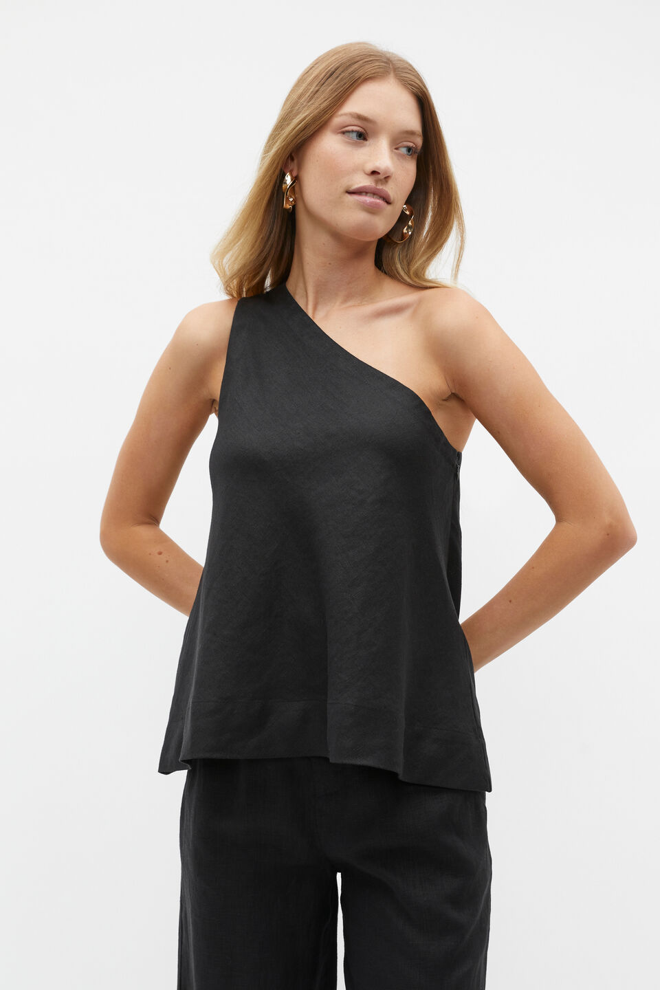 Linen One Shoulder Top  Black