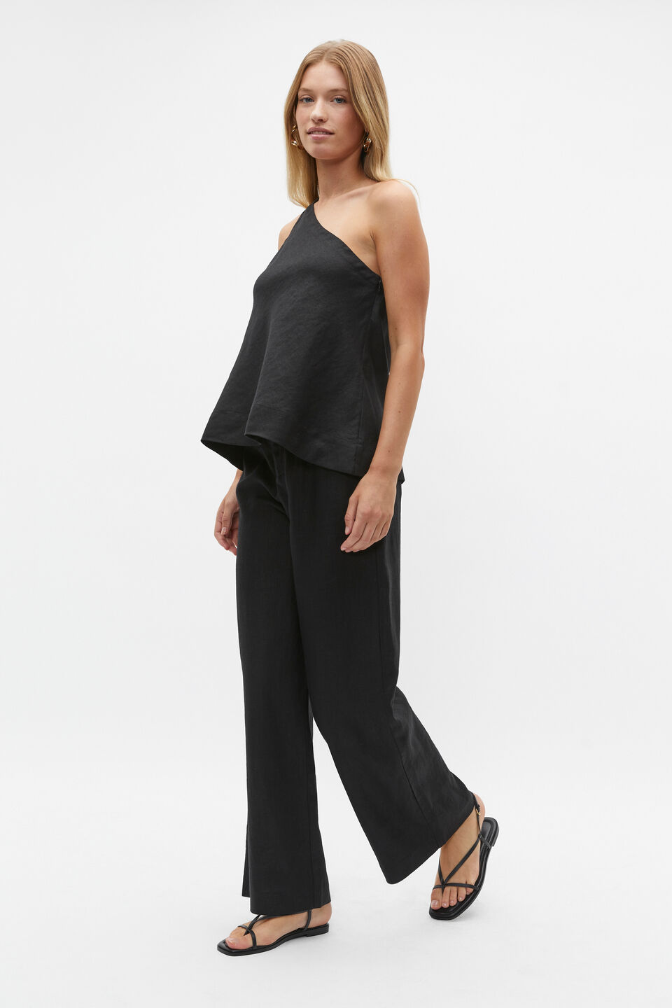 Linen One Shoulder Top  Black