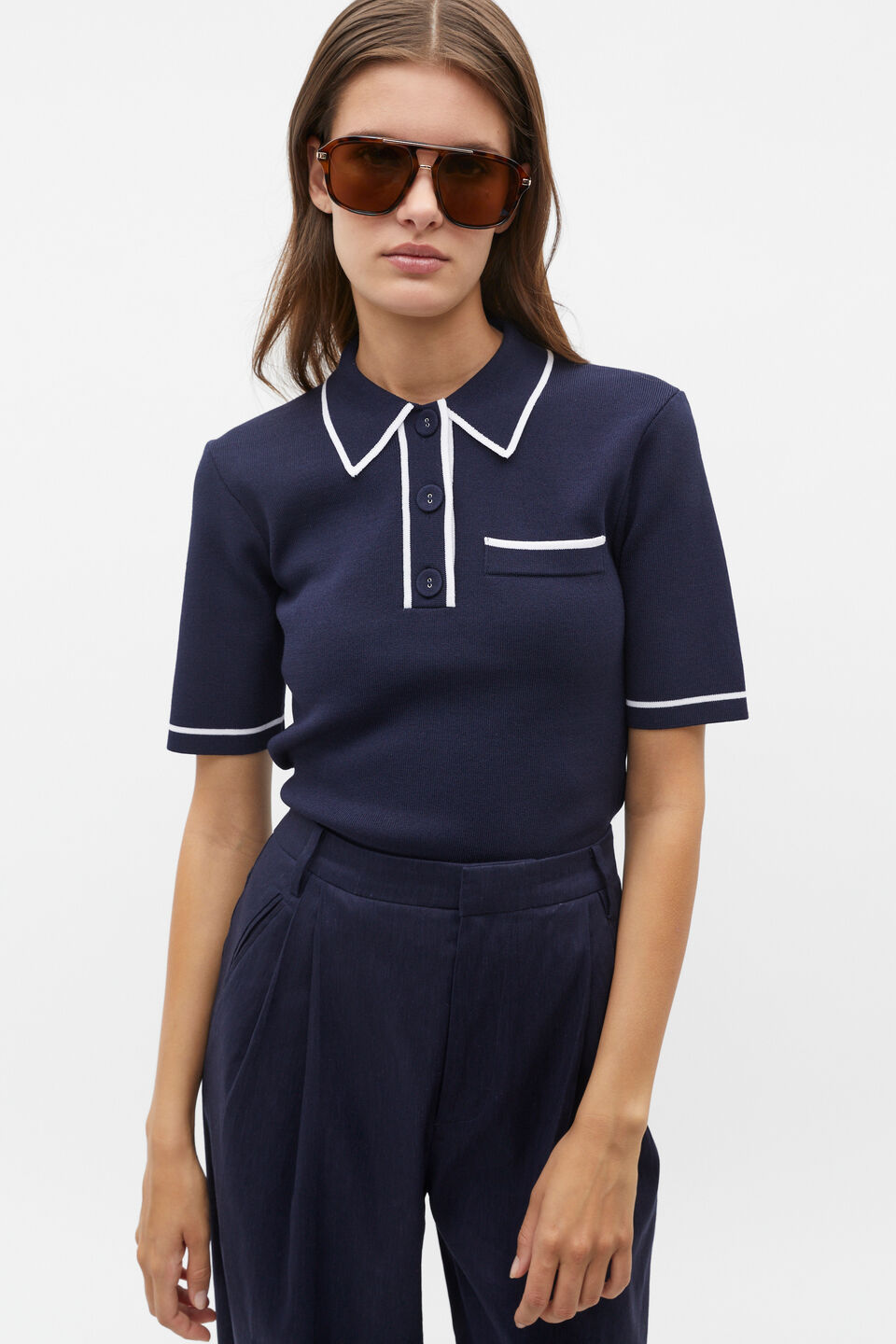 Crepe Knit Tipping Polo  Midnight Sky