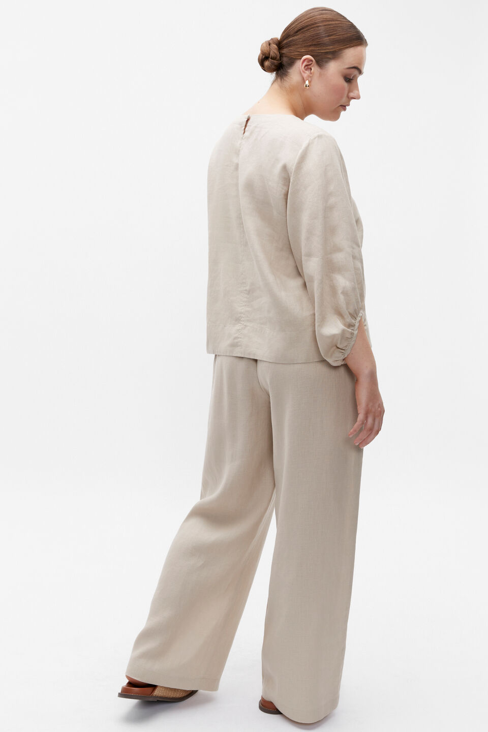 Core Linen Balloon Sleeve Top  Cool Sand