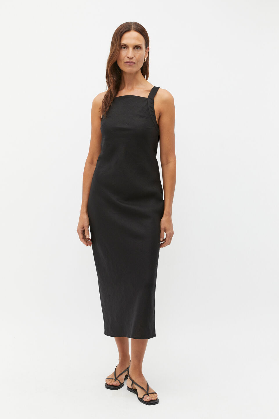 Linen Square Neck Bias Slip Dress  Black