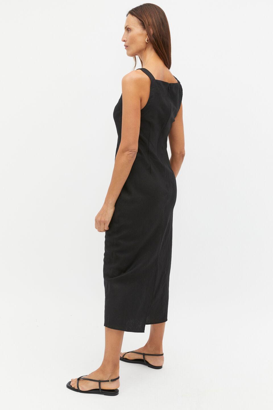 Linen Square Neck Bias Slip Dress  Black