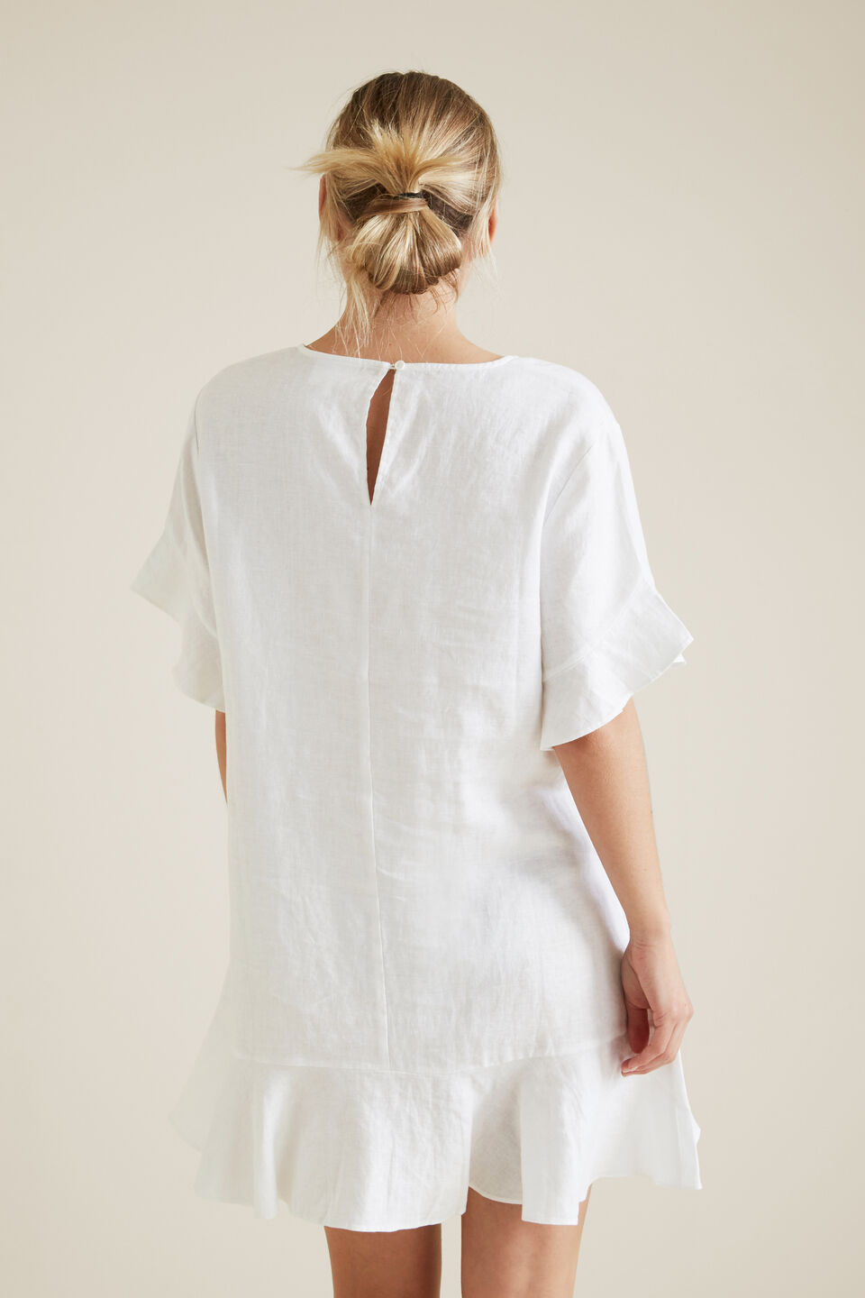 Linen Flutter Sleeve Dress  Whisper White