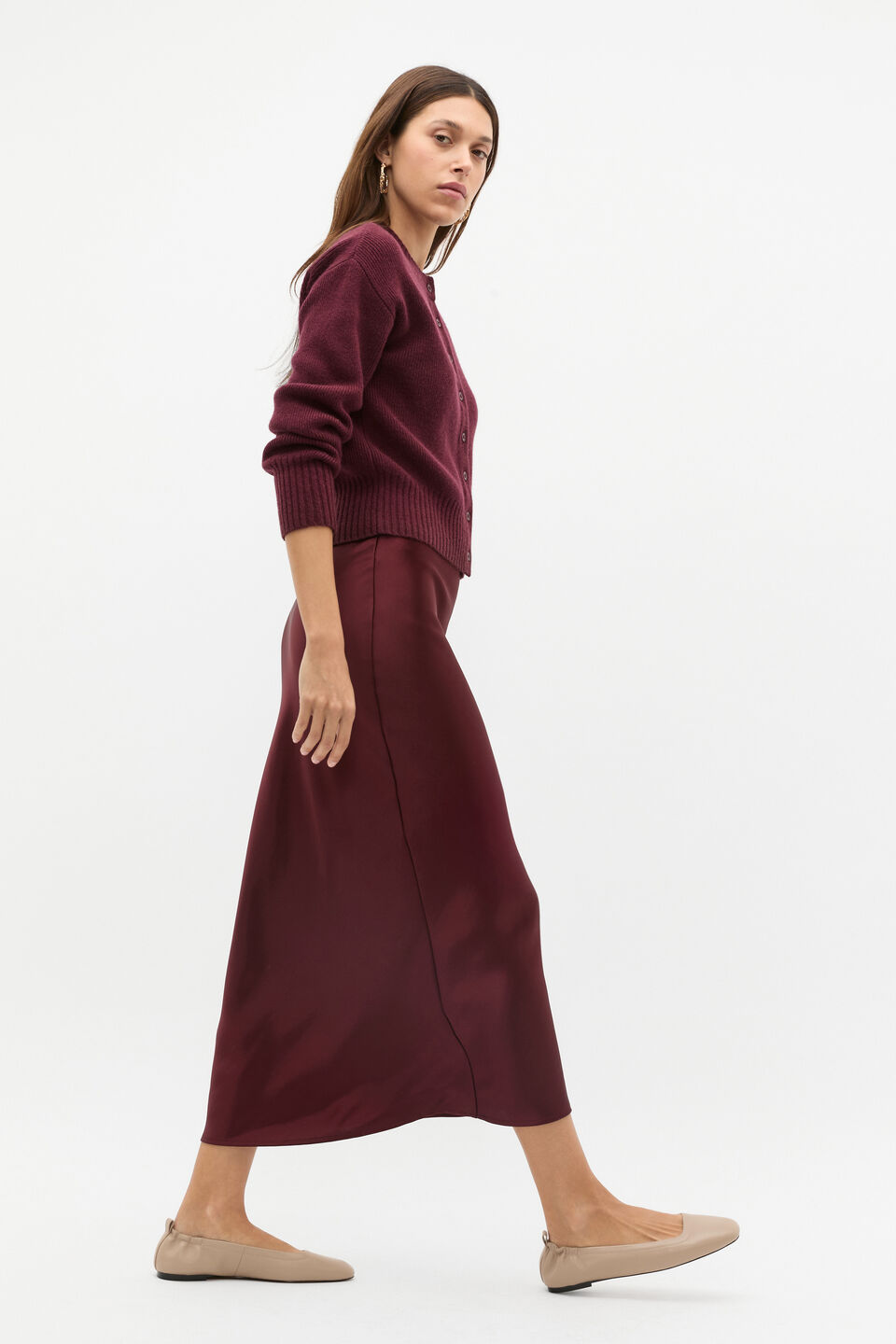 Merino Button Up Knit Cardigan  Plum Red