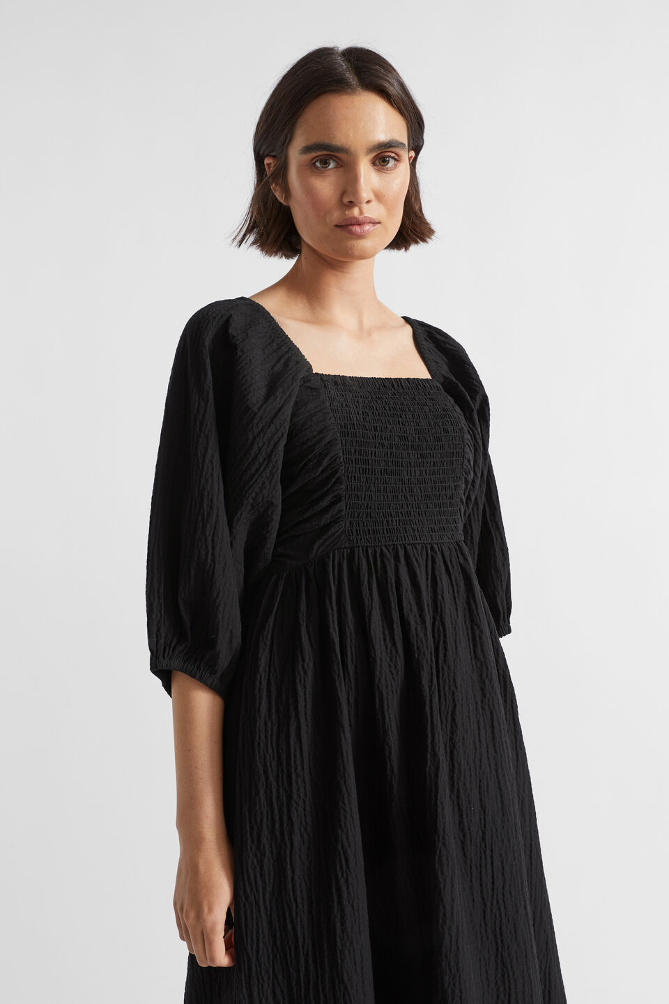 Cotton Crinkle Midi Dress  Black