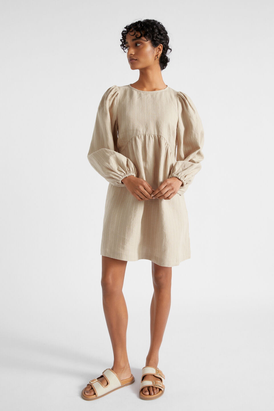 Linen Pinstripe Mini Dress  Cool Sand Stripe