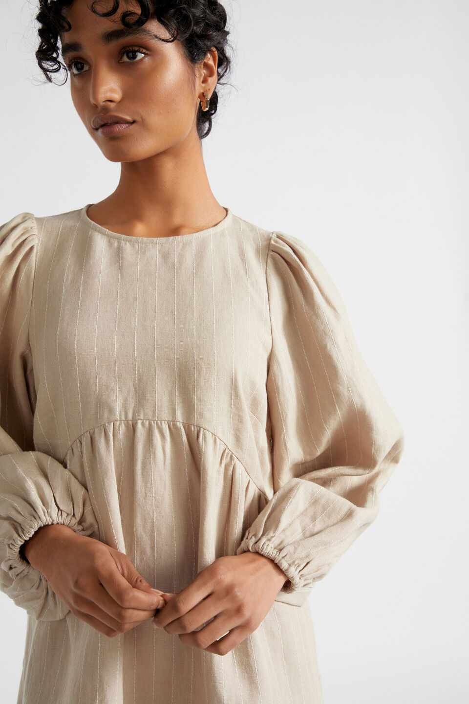 Linen Pinstripe Mini Dress  Cool Sand Stripe