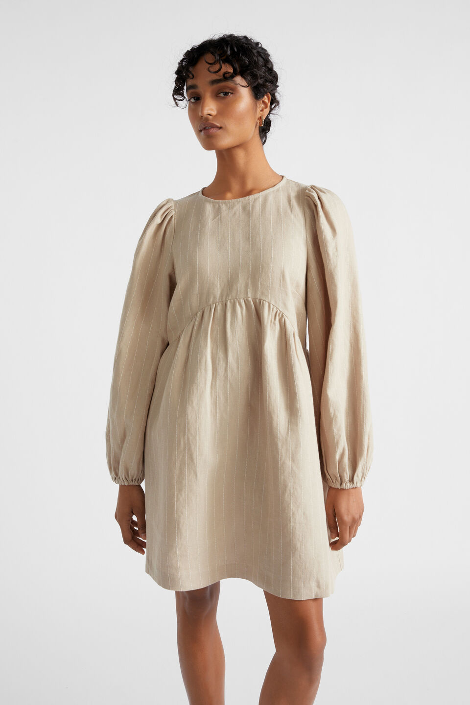 Linen Pinstripe Mini Dress  Cool Sand Stripe