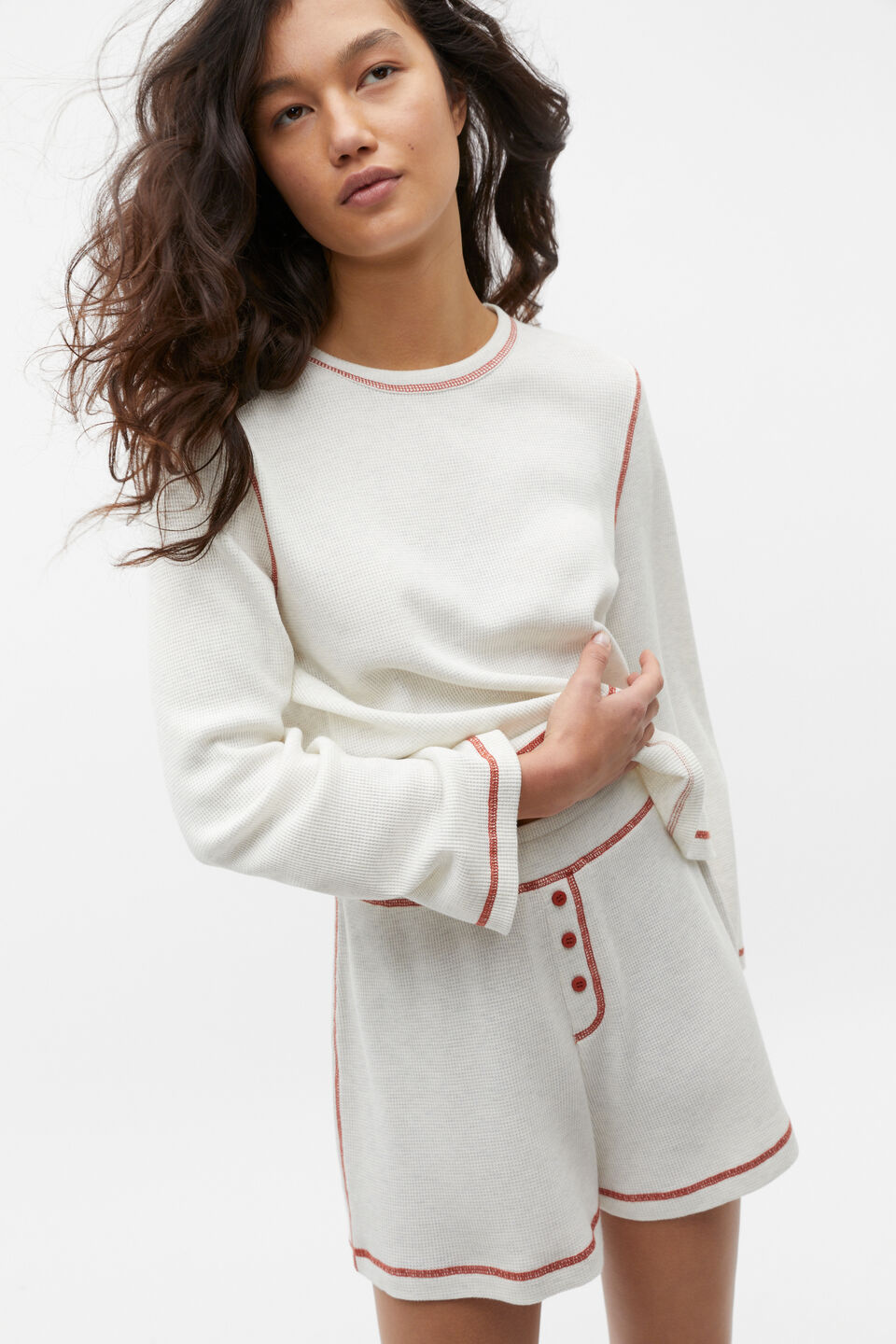 Contrast Long Sleeve and Short PJ Set  Alabaster Marle