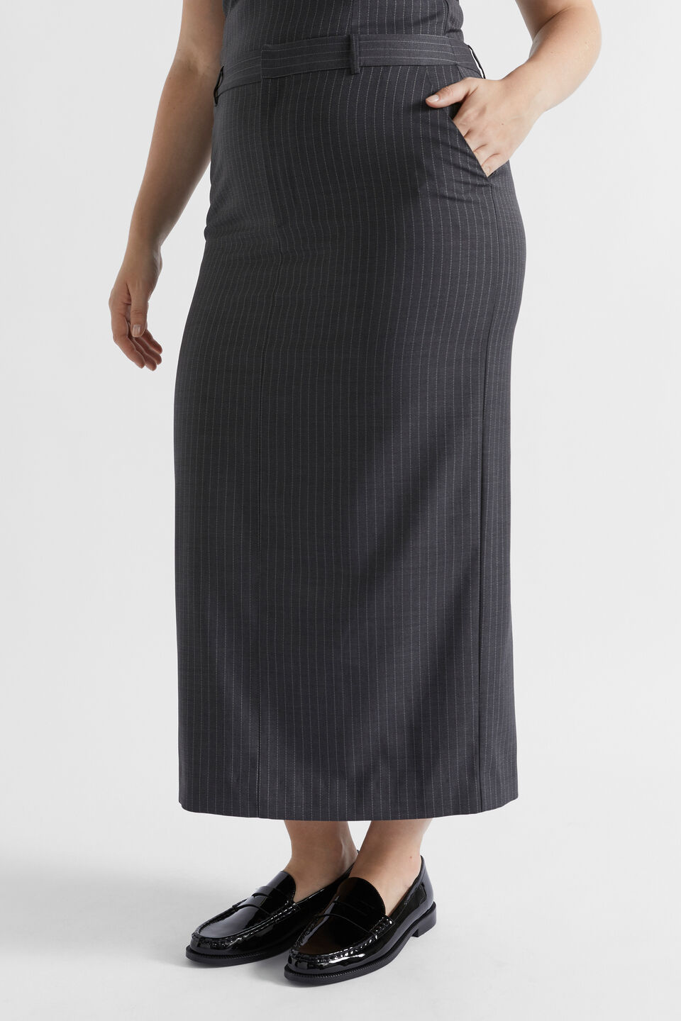 Wool Blend Pinstripe Skirt  Steel Pinstripe