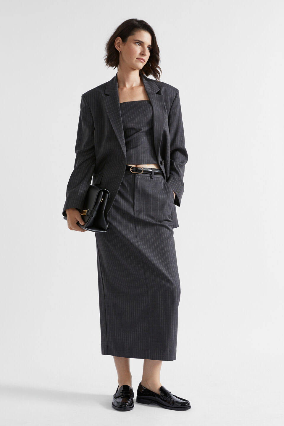 Wool Blend Pinstripe Skirt  Steel Pinstripe