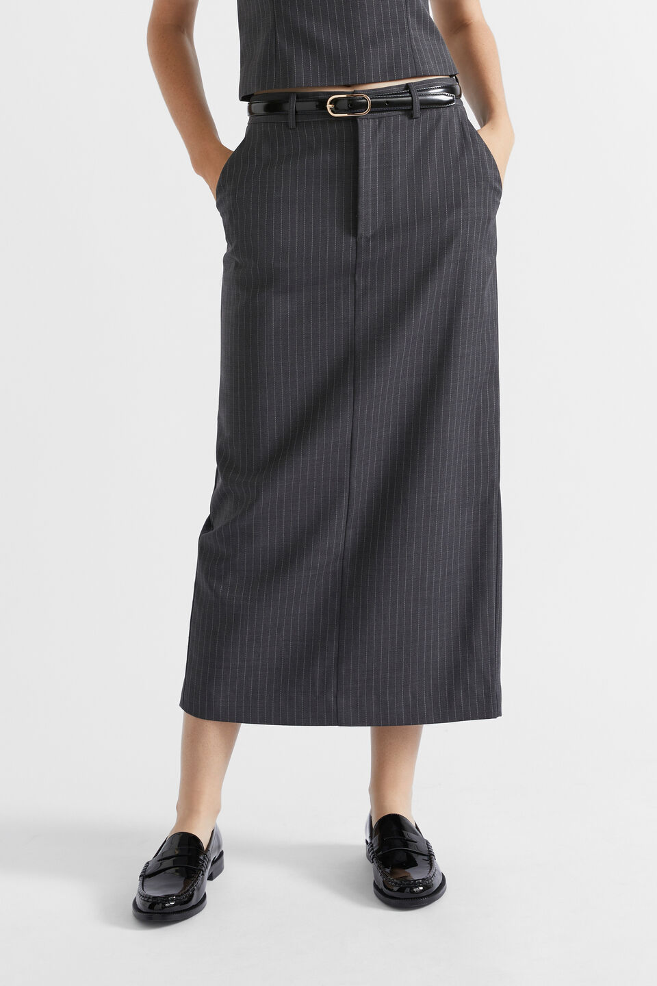 Wool Blend Pinstripe Skirt  Steel Pinstripe