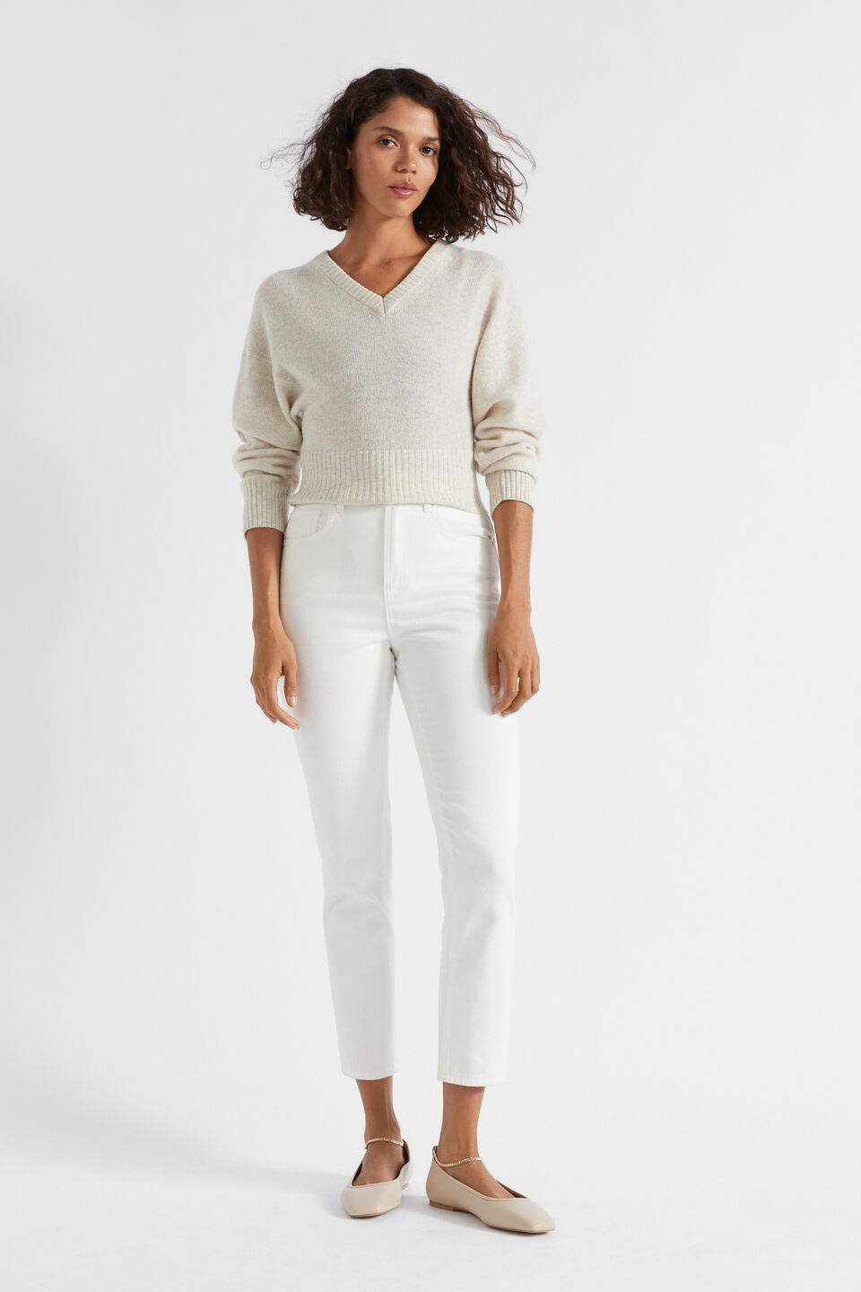Merino V Neck Crop Knit  Oat Marle