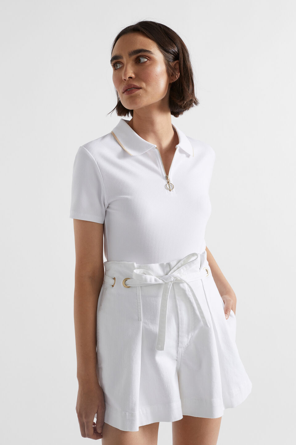 Collared Zip Thru Top  Whisper White