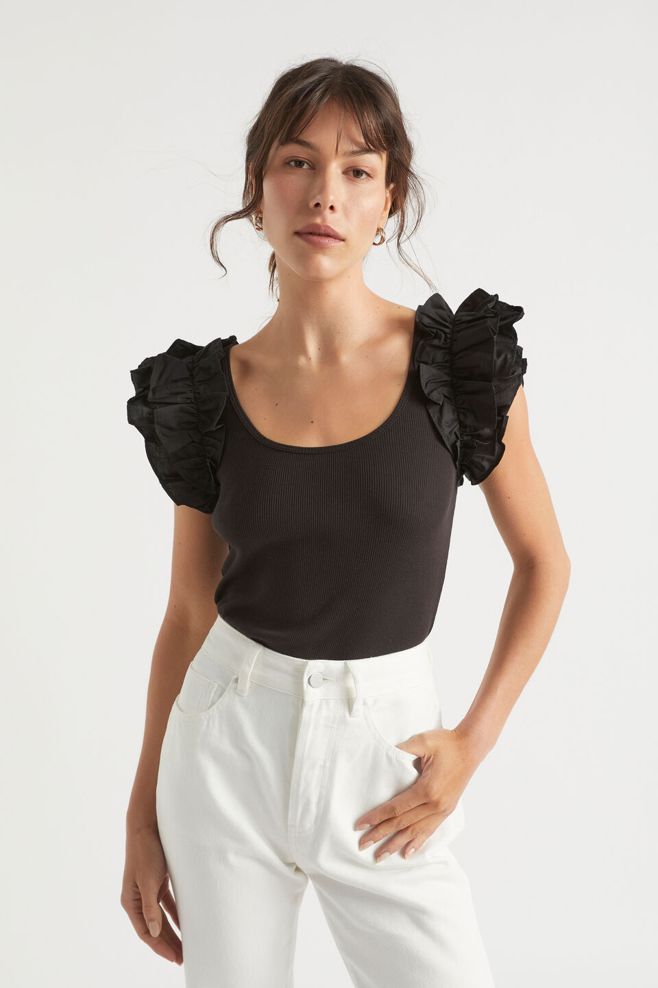 Poplin Ruffle Detail Tank  Black