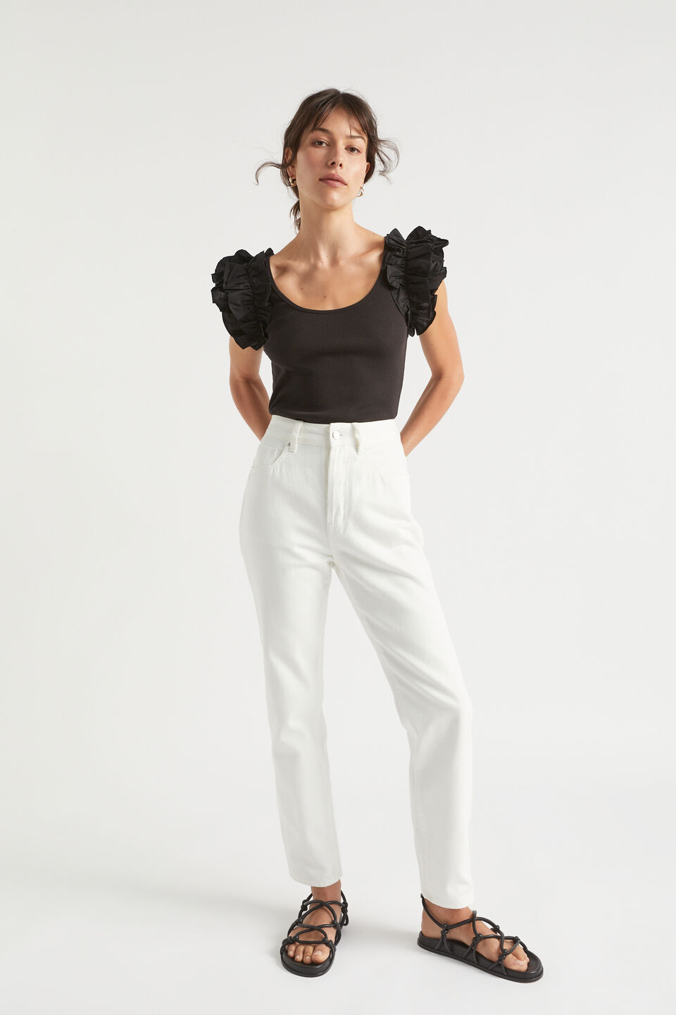 Poplin Ruffle Detail Tank  Black
