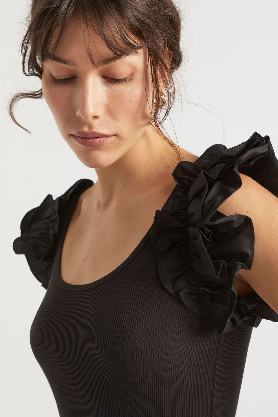 Poplin Ruffle Detail Tank  Black