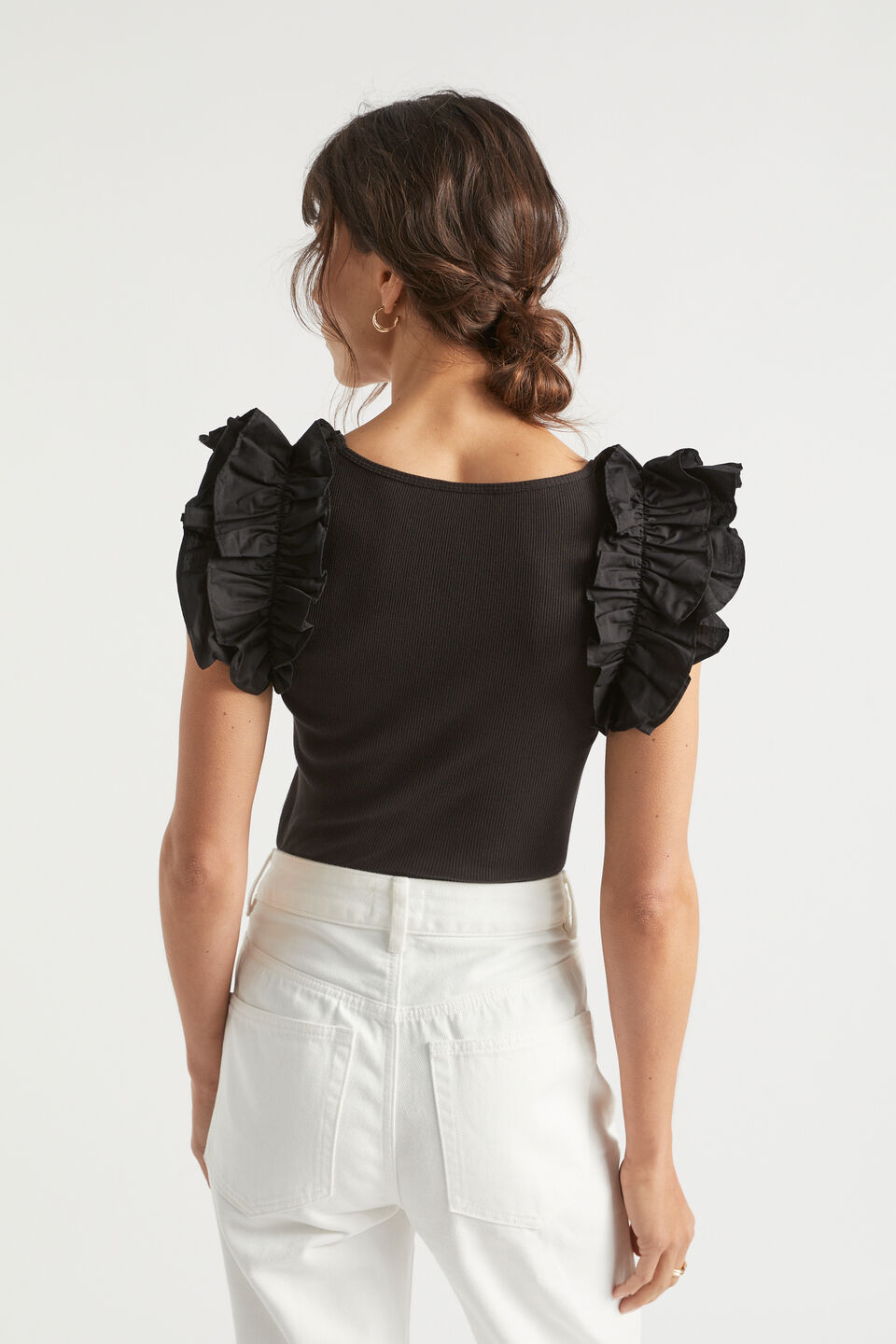 Poplin Ruffle Detail Tank  Black