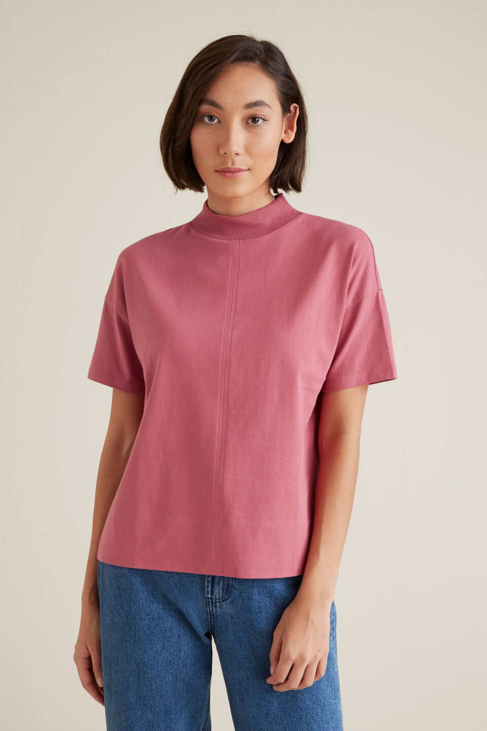Mock Neck Seam Tee  Soft Raspberry